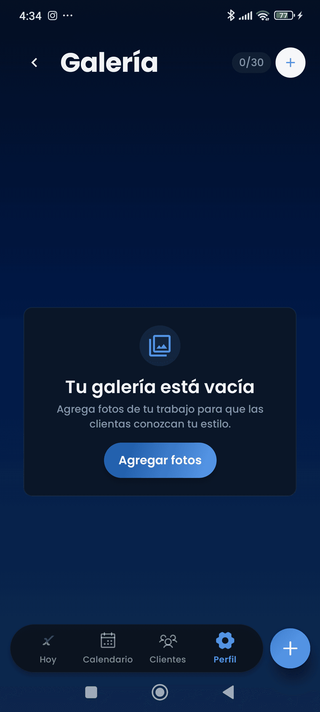 Pantalla del perfil profesional en FIXA Pro